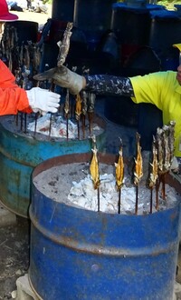 焼き上がりの川魚の受け取り